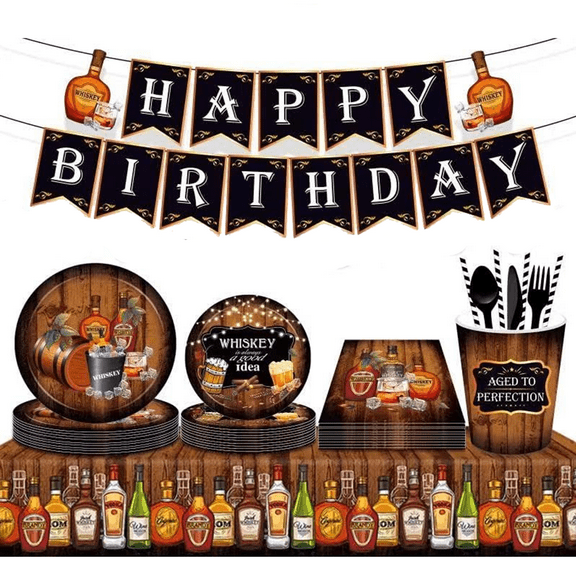 Whisky Happy Birthday Party Supplies,Whisky Theme Birthay Party Tableware Set Including Paper Plates Napkins Tablecovers Cups Straws Serves 16 Guests