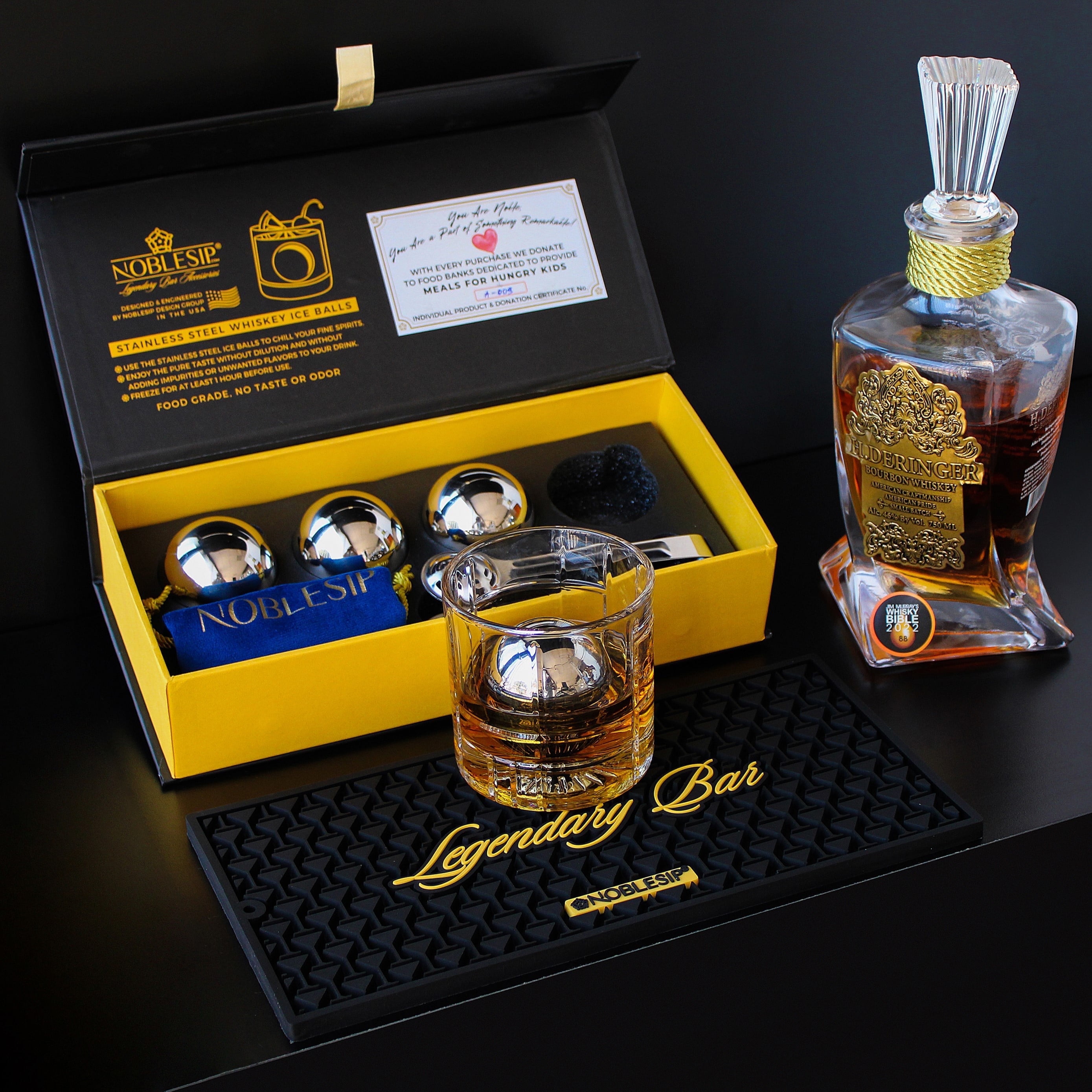 Whisky Steel Chilling Balls - Chill your Bourbon, Scotch, Old Fashioned without dilution. Home Bar Gift Set Box 4 Large Chilling Balls. NOBLESIP Premium - Valentine's Day new whiskey lover men gift