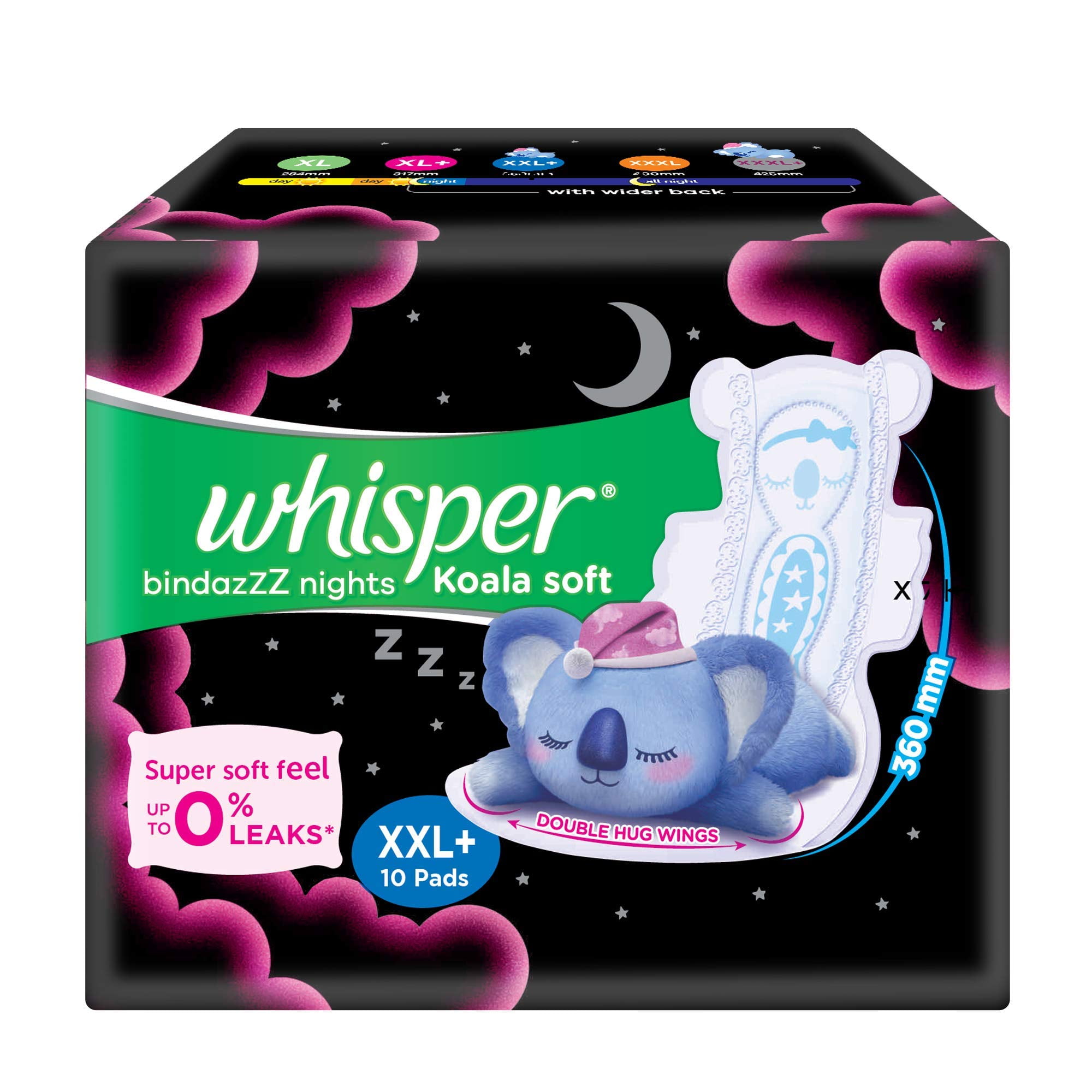 Whisper Bindazzz Night Koala Soft Sanitary Pads|Pack Of 10 Pads|Xxl+|Upto 0% Leaks|60% Longer \u0026 Wider Back|Super Soft Topsheet|Double Hug Wings|Irritation Free|36 Cm Long|With Disp