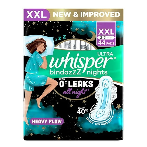 Whisper Bindazzz Nights 44 XXL Sanitary Pads, Upto 0% Leaks All Night Long, For Heavy Flow, Nearly 40% Longer with Wider Back,