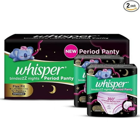 Whisper Bindazzz Nights Period Panty|12 Whisper M-L Period Panties 6+6 |360° leakage protection |Suitable for Heavy Flow|With disposable wrap