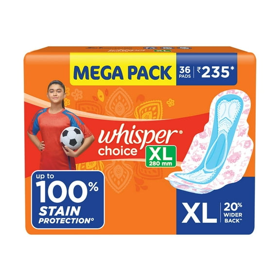 Whisper Choice Xl Sanitary Pads|Pack Of 36 Thick Pads|Xl|Upto 100% Stain Protection|Side Safe Wings|28 Cm Long