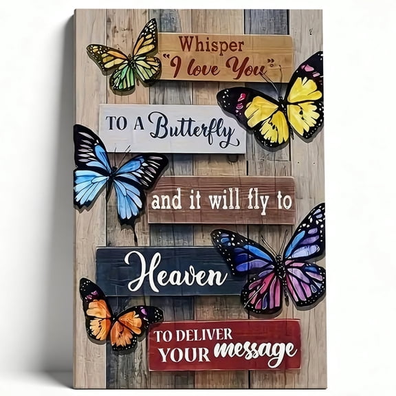 Whisper I Love You to a Butterfly Canvas Wall Art, Rustic Wood Plank Style Memorial Decor, Framed Inspirational Butterfly Quotes for Living Room & Bedroom 8*12inch(20*30cm)