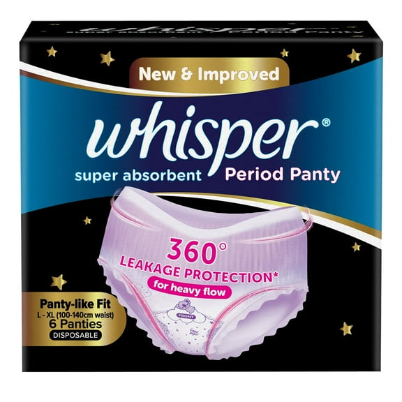 Whisper Super Absorbent Period Panty, 6 L-XL Pants, 360 Degree Leakage Protection for Heavy Flow, Panty like Fit for Full back Coverage, Absorbs Heavy Gushes, Silky Soft, Comfortable Feel-Women