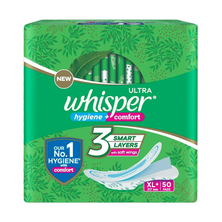 Whisper Ultra Clean Sanitary Pads for Women 50 thin Pads XL Hygiene Comfort Soft Wings Dry top sheet Suitable for Heavy flow Odour free 31.7 cm