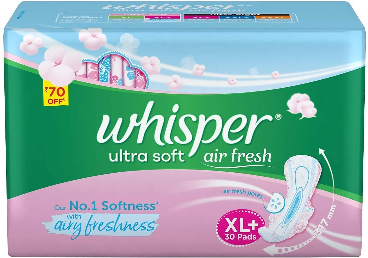 Whisper Ultra Soft Sanitary Pads for Women- 30 Pieces (XL Plus