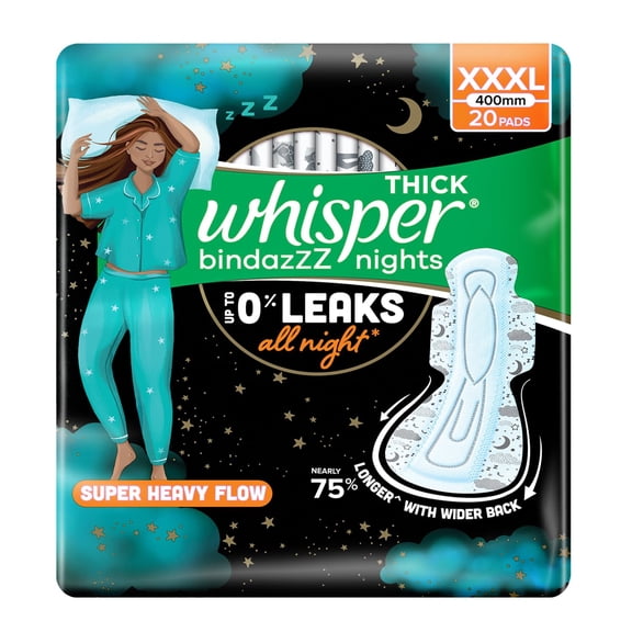 Whisper bindazzz Nights Pads For Women, XXX-Large Pack of 20 pads Scent: unscented