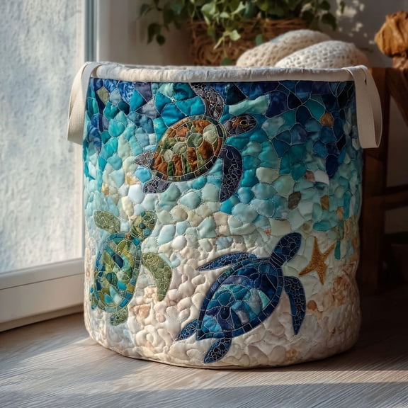 Whispering Tides Quilted Laundry Basket, Coastal Ocean Hamper for Beach House Storage Decor