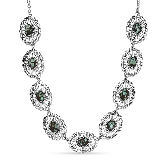 Whispering Web Turquoise 10.75 ctw Concho Necklace 18 Inches in Silver