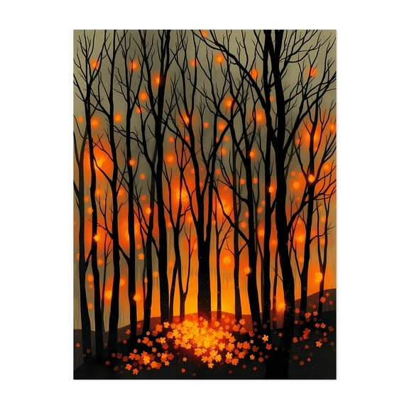 Whispers of Fireflies - Painting Forest Autumn Silhouette Nature Woodland Mystical Sunset Unframed Wall Art Print 5 x 7 inches