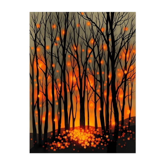 Whispers of Fireflies - Painting Forest Autumn Silhouette Nature Woodland Mystical Sunset Unframed Wall Art Print 6 x 8 inches