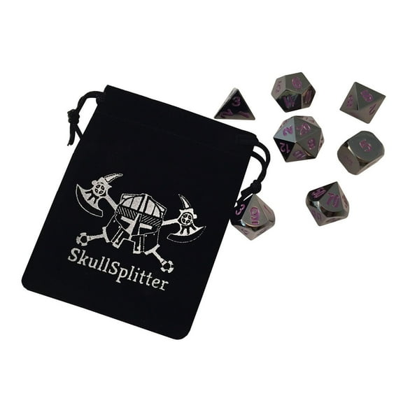 Whispers of the Void- Shiny Black Nickel and Purple Numbers Metal Role playing dice Set (7 Die in Pack) -