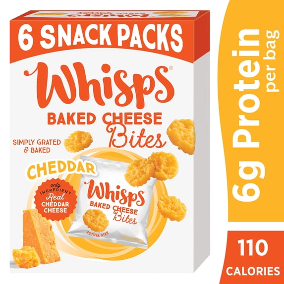 Whisps Cheddar Baked Cheese Bites, Protein from 100% Cheese Single-Serve Snack Packs, 0.63 oz, 6 Count