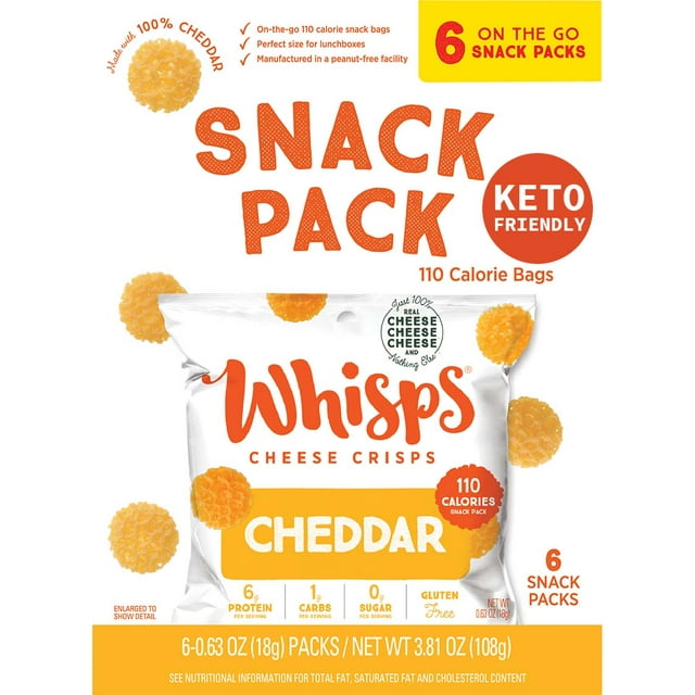 Whisps Cheddar Cheese Crisps, 0.63 oz, Keto Friendly Snacks, 6 Count