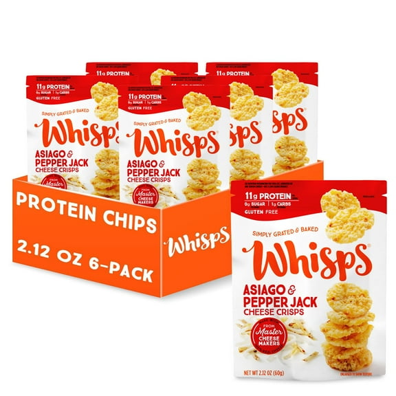 Whisps Cheese Crisps Asiago & MDA05Pepper Jack | Protein Chips | Healthy Snacks | Protein Snacks, Gluten Free, High Protein, Low Carb Keto Food (2.12 Oz, 6 Pack)