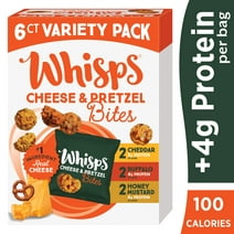 Whisps Cheese & Pretzel Bites Variety Pack, Protein from 100% Cheese Single-Serve 100 Calorie Snack Packs, 0.7 oz, 6 Count