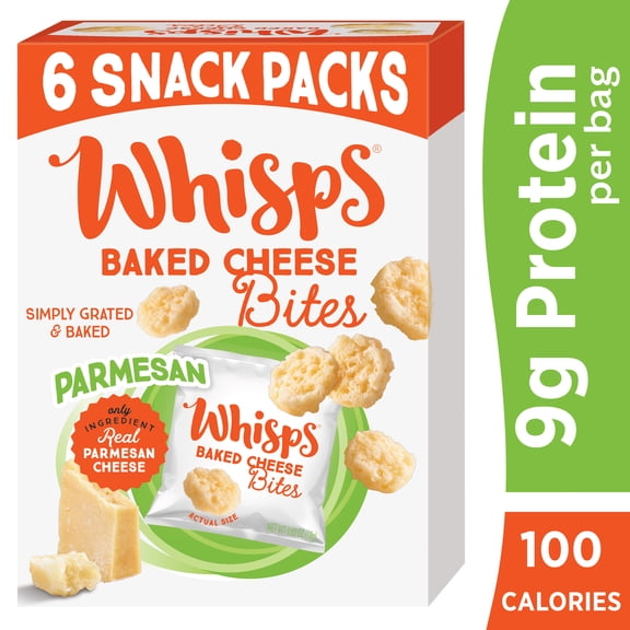 Whisps Parmesan Baked Cheese Bites, Protein from 100% Cheese Single-Serve Snack Packs, 0.63 oz, 6 Count