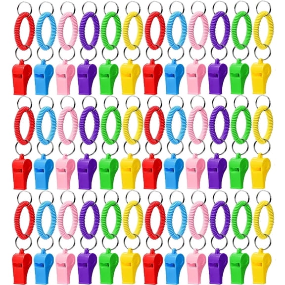 Whistle Bracelet Set, Whistles with Stretchable Coil Wrist Keychain Ring for Coaches, Referees, and More, 30 Pcs