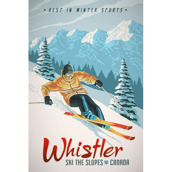 Whistler, British Columbia, Canada, Ski The Slopes, Downhill Snow Skier (16x24 Giclee Gallery Art Print, Vivid Textured Wall Decor)