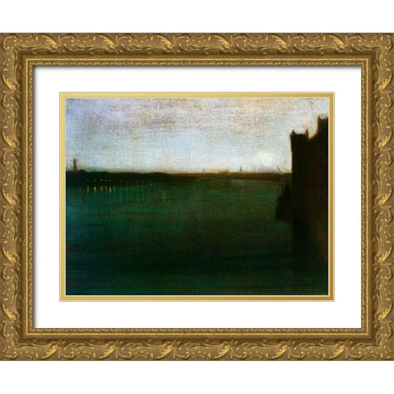 Whistler, James McNeill 32x25 Gold Ornate Wood Framed with Double Matting Museum Art Print Titled - Nocturne Grey And Gold Westminster Bridge 1871
