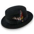 thumbnail image 1 of Black Wool Felt Pork Pie – 100% Australian Wool Classic Flat Crown with 2" Brim, Grosgrain Ribbon Band, Removable Feather & Pin – Stylish Porkpie Hat for Men, 1 of 6