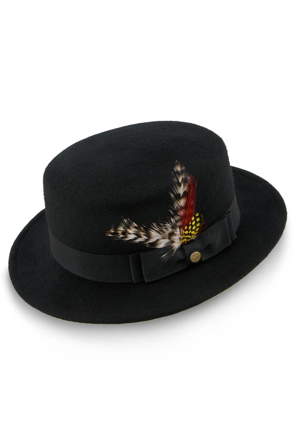 Black Wool Felt Pork Pie – 100% Australian Wool Classic Flat Crown with 2" Brim, Grosgrain Ribbon Band, Removable Feather & Pin – Stylish Porkpie Hat for Men