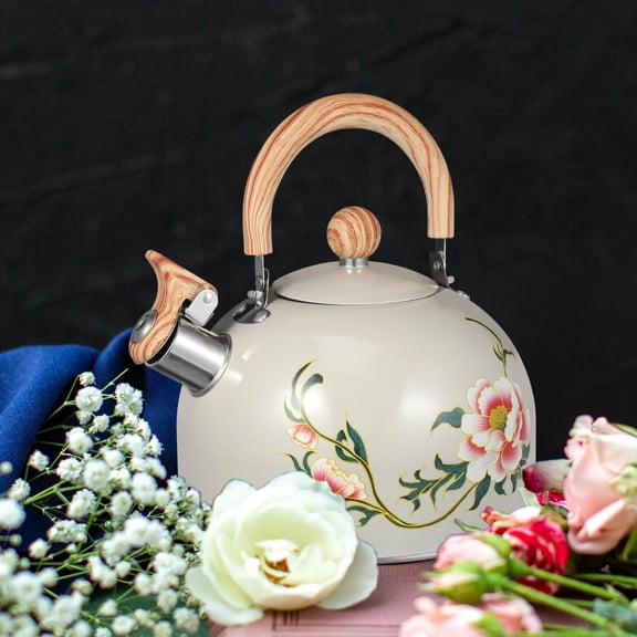 Whistling Tea Kettle Floral Pattern Teapot with Handle Water Boiling Pot 3-Quart Stainless Steel Teakettle for Kitchen Stovetop