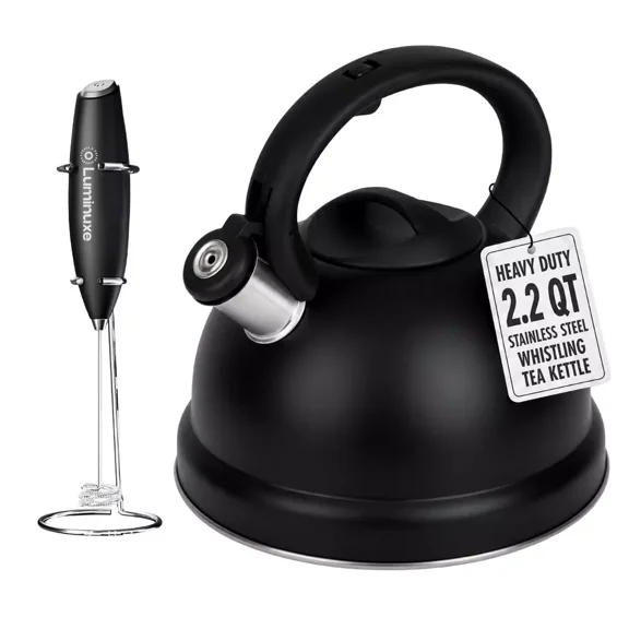 Whistling Tea Kettle & Milk Frother Set, 2.2qt Stainless Steel Stove Top Kettle & Handheld Milk Frother with Stand for Coffee, Matcha, and Cappuccino