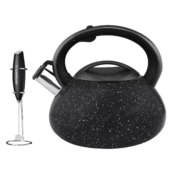Whistling Tea Kettle & Milk Frother Set, 2.4qt Stainless Steel Whistling Tea Kettle & Handheld Frother, Foam Maker for Coffee, Latte and Matcha Drinks
