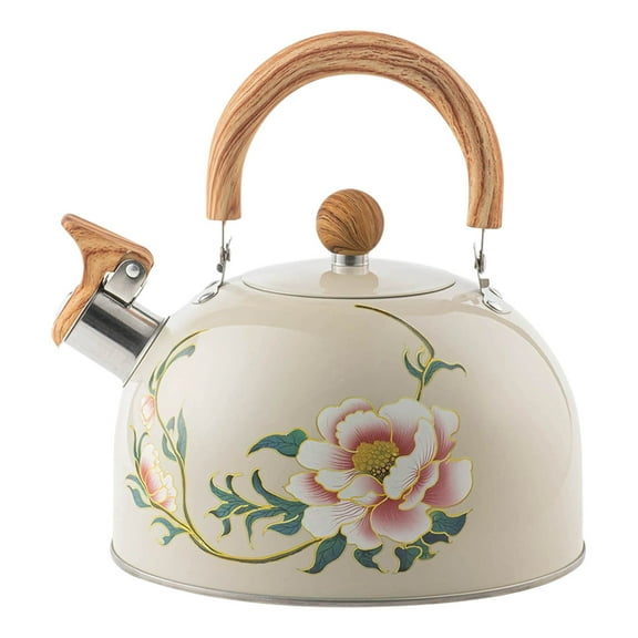 Whistling Tea Kettle with Wooden handle, Pink Floral Pattern Stainless Steel Teapot for Stovetop and Induction Cooking