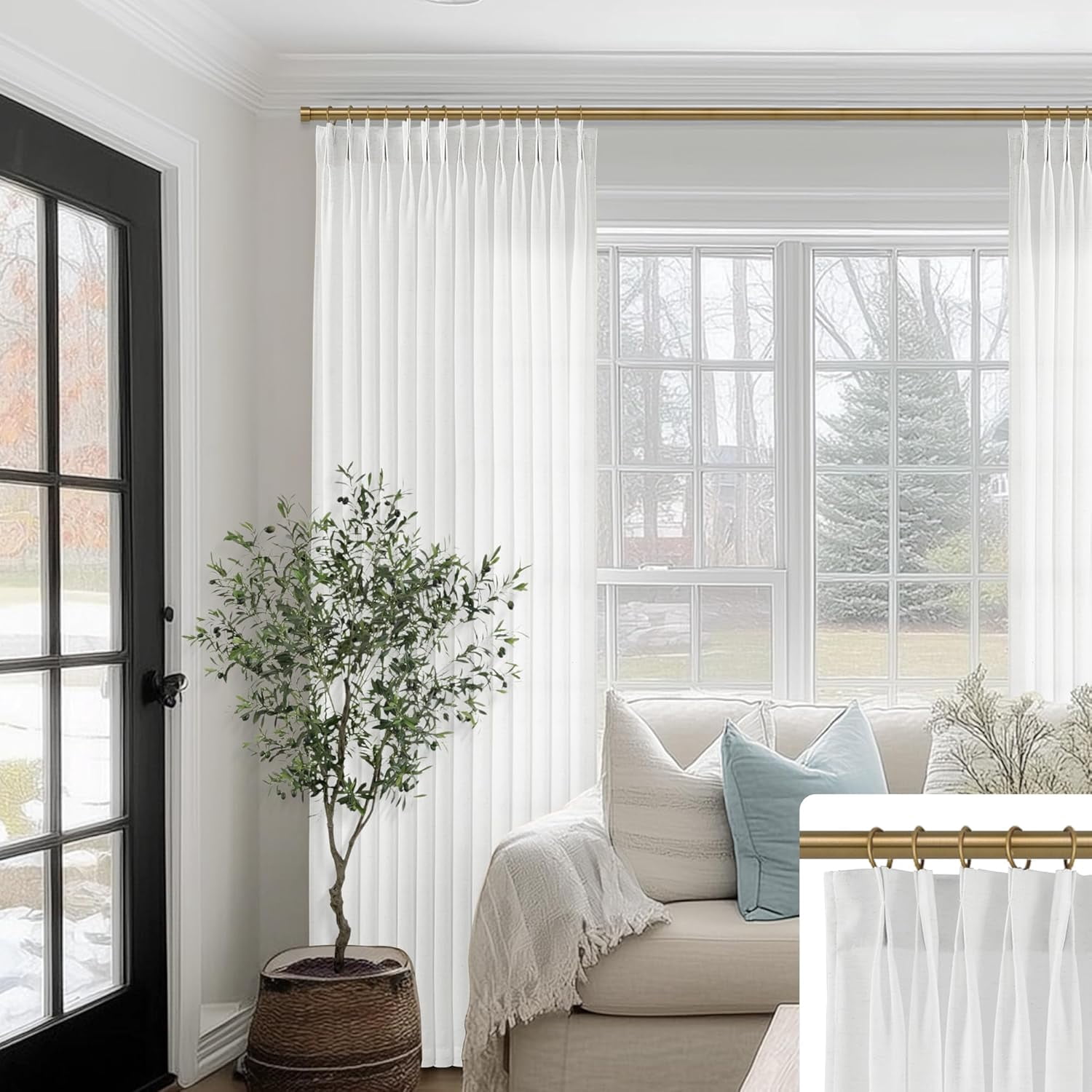 Whit Linen Curtains 2 Panels,Pinch Pleated Window Sheers for Living ...