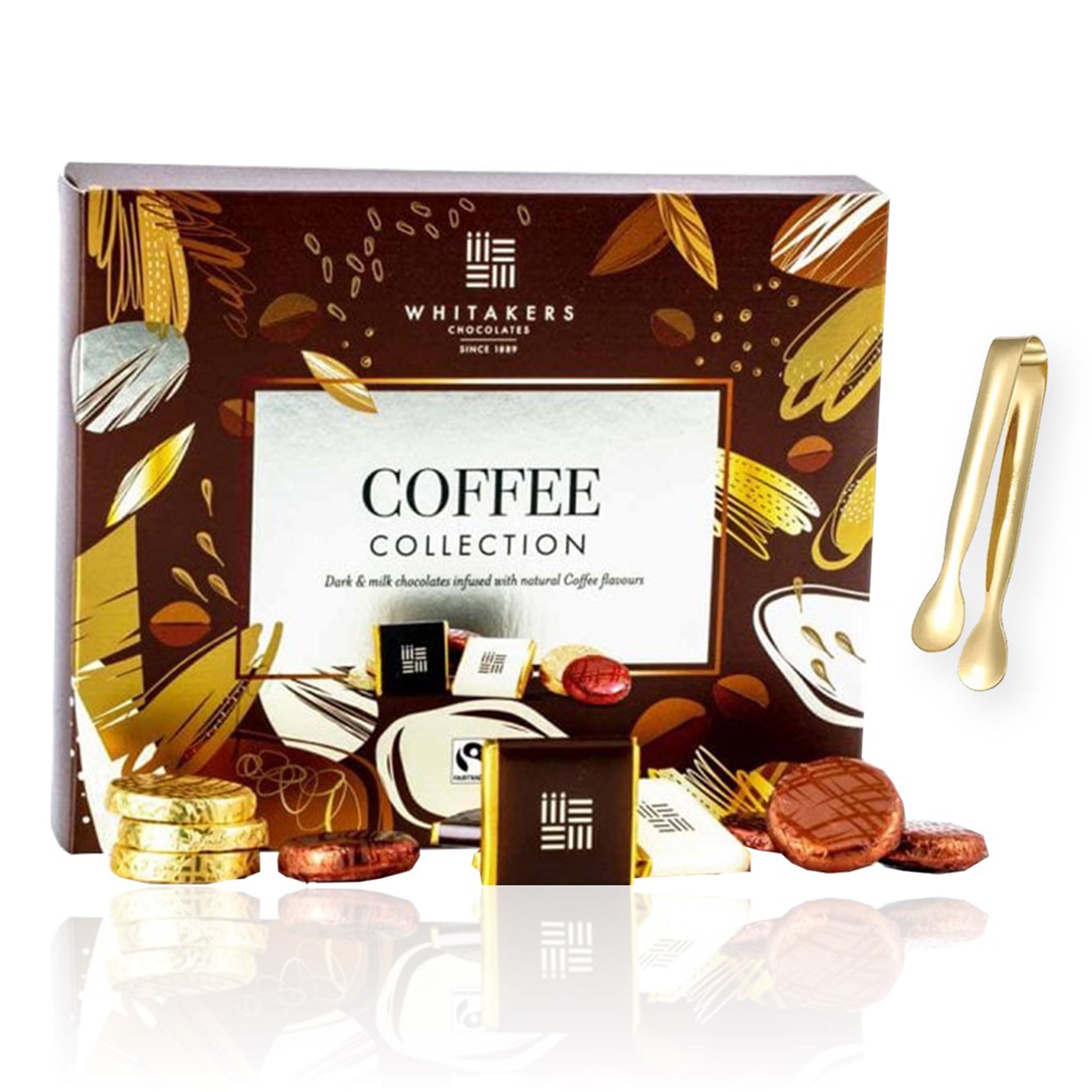 Whitakers Chocolates Coffee Collection Dark & Milk Chocolates Infused with Natural Coffee Flavors 6 Oz. (170g) with Bonus Mini Gold Stainless Steel Tongs (2-Pc Set)