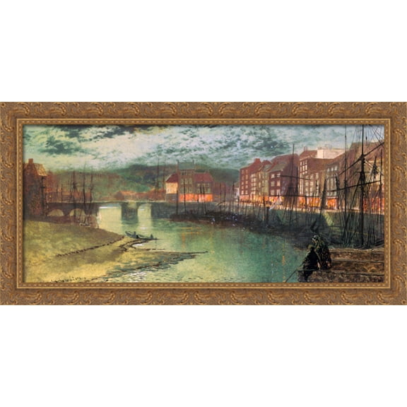 Whitby Docks 40x20 Large Gold Ornate Wood Framed Canvas Art by John Atkinson Grimshaw