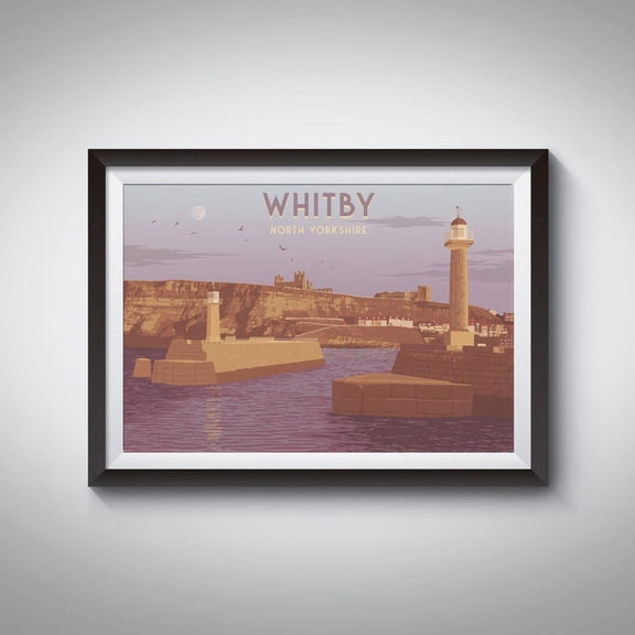 Whitby Yorkshire Seaside Lighthouse Art Deco Wall Decor, Unframed Canvas 12x16in