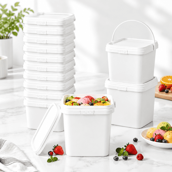 White 0.5 Gal Square Food Storage Jars with Lid and Handle, 12 Pack