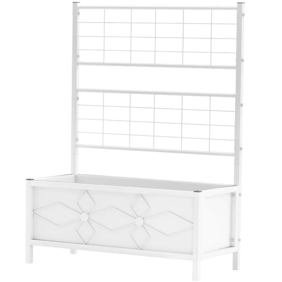 White 0.7mm Thick Galvanized Steel Elevated Raised Garden Bed with Rear Grid Trellis and Front Diamond Embossed Pattern,35.4"L15.7"W47.2"H for Climbing Vine, Herb & Vegetable Planting
