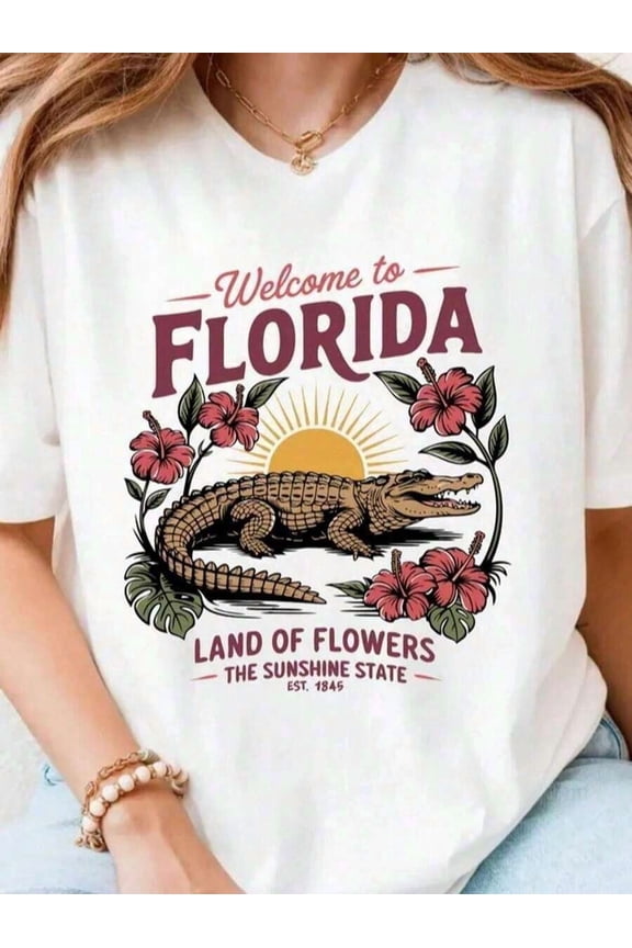 White 003 Florida Graphic Tee – Welcome To Florida Land Of Flowers Sunshine State Oversized T-Shirt