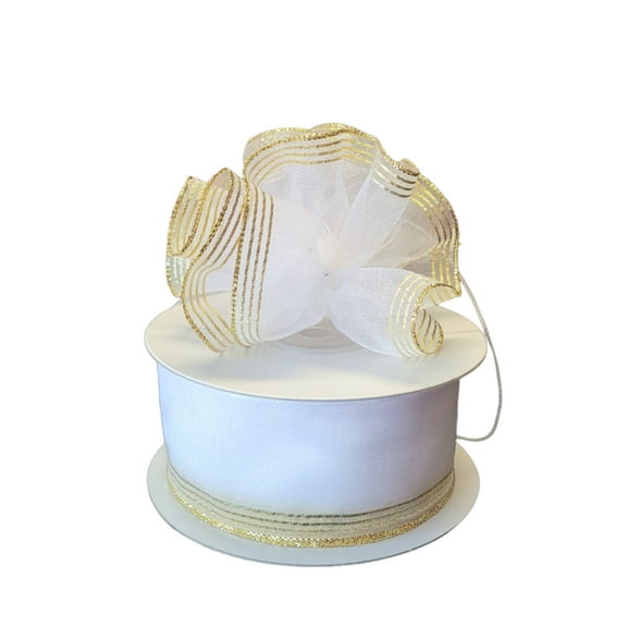 White 1-1/2" Sheer Organza Ruffle Type Wide String Pull Bow Ribbon with Gold Edge 25Yards gift wrapping favor decorating