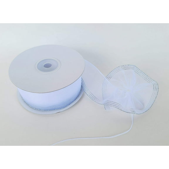 White 1-1/2" Sheer Organza Ruffle Type Wide String Pull Bow Ribbon with Silver Edge 25Yards gift wrapping favor decorating