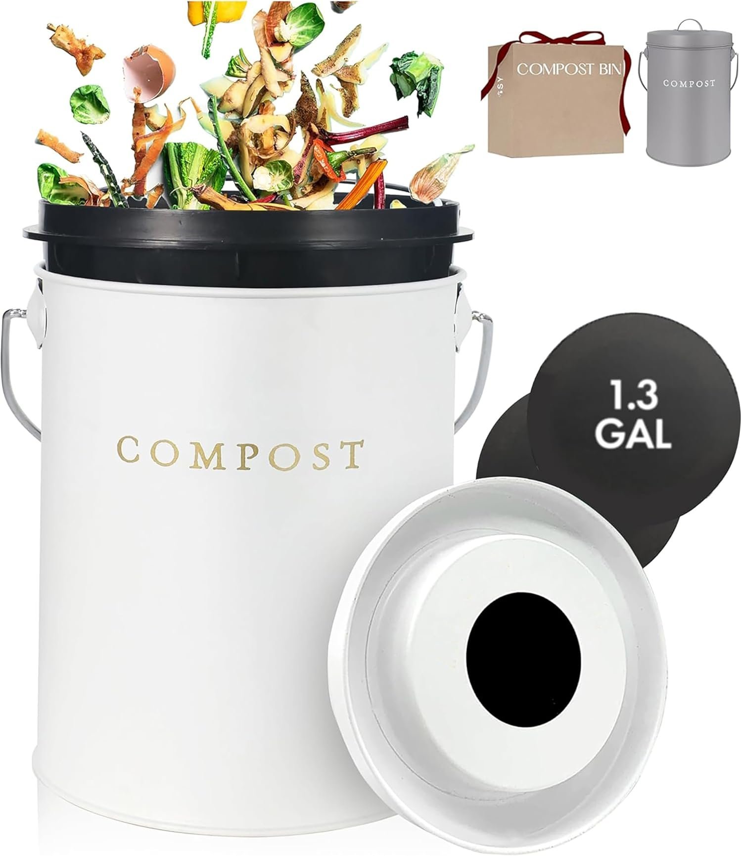 White 1.3 Galion Indoor Compost Bin Kitchen Odorless with Lid for ...