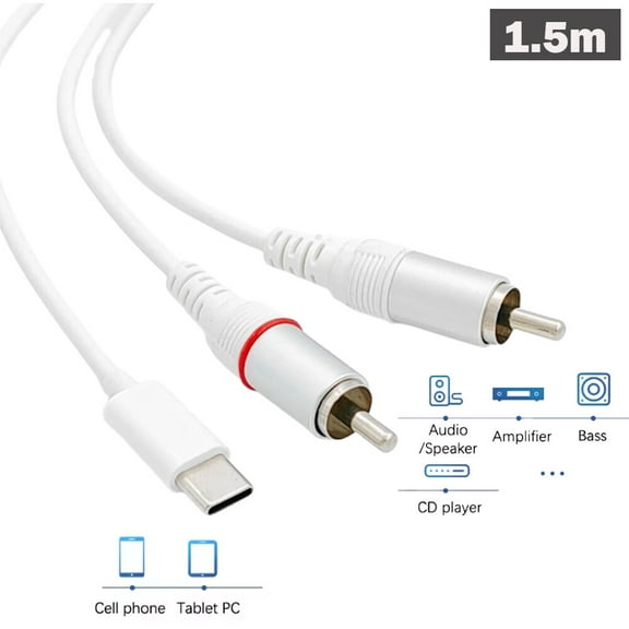White 1.5m / 5ft USB Type C to 2 RCA Jack Converter Cable for Ipad pro, Galaxy U