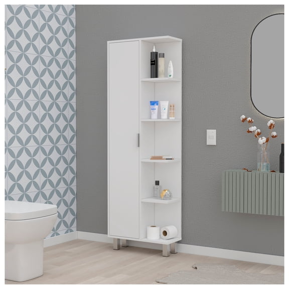 White 1-Door Linen Cabinet + White + 1 + 5+ + 18 to 23 in + 60 in & above + Bathroom + Freestanding + 5 - 10 inches + Wood