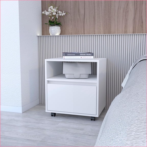 White 1-Drawer Contemporary Nightstand with Casters