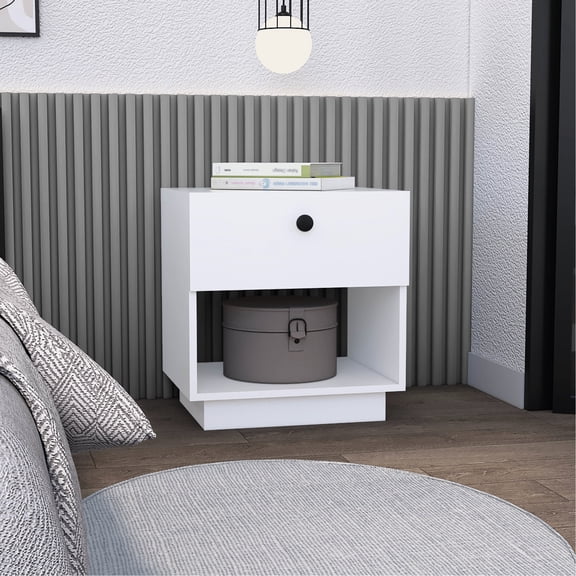 White 1-Drawer End Table | Convenient Drawer with Stainless Steel Handle | Laminated Particle Board Construction | Compact Design for Small Spaces