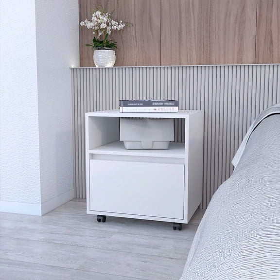 White 1-Drawer Rolling Nightstand - Compact Contemporary