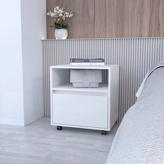 White 1-Drawer Rolling Nightstand for Bedroom Storage