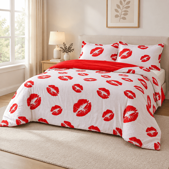White-1 Full Size 3-Piece Microfiber Bed-in-a-Bag Comforter Set with Red Lips Design