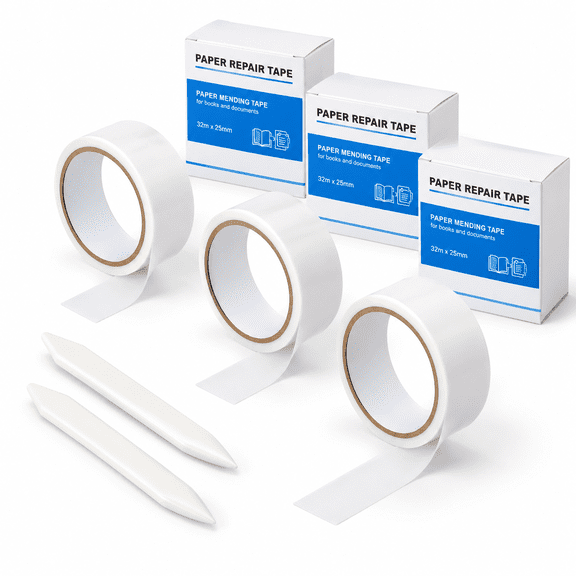 White 1 Inch X 105 ft Archival Book Repair Tape 3 Roll Kit with Creasers