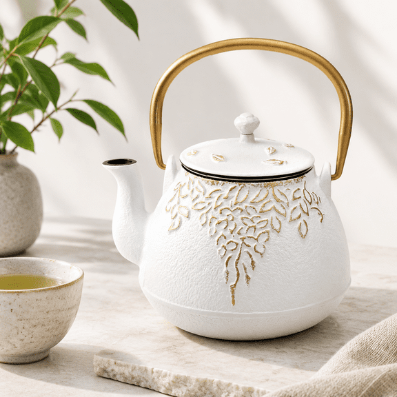 White 1 Quarts Cast Iron Teapot with Infuser Stovetop Safe Tea Kettle