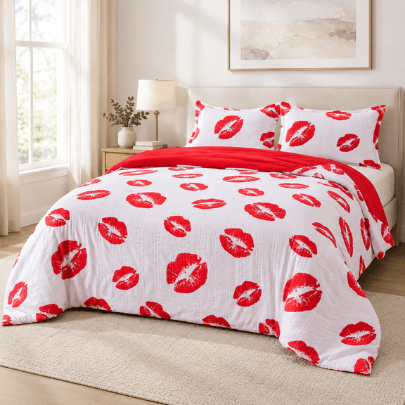 White-1 Queen 3-Piece Microfiber Bed-in-a-Bag Comforter Set with Red Lips Design